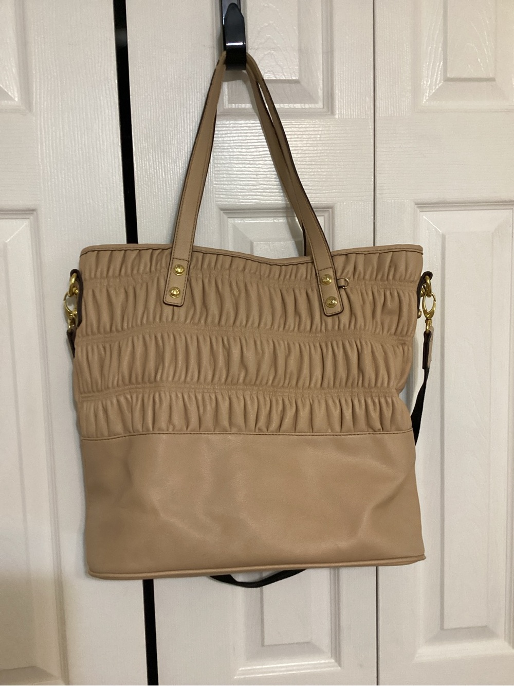 Jessica Simpson Taupe Ruched Tote with Gold Hardware